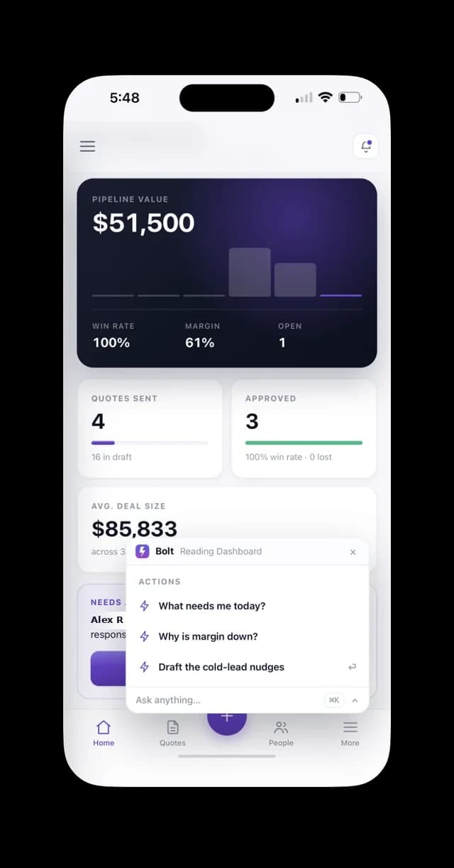 Bolt AI panel open over the QuoteSmart dashboard
