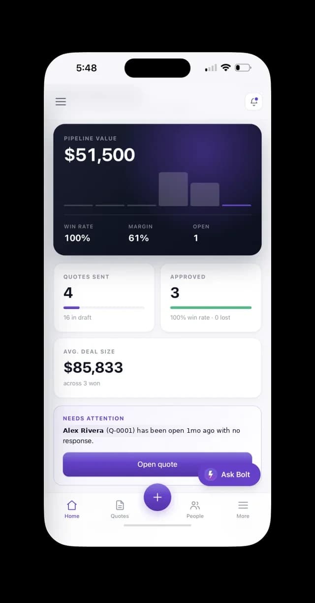 QuoteSmart dashboard on iPhone: pipeline value, win rate, margin, quotes sent