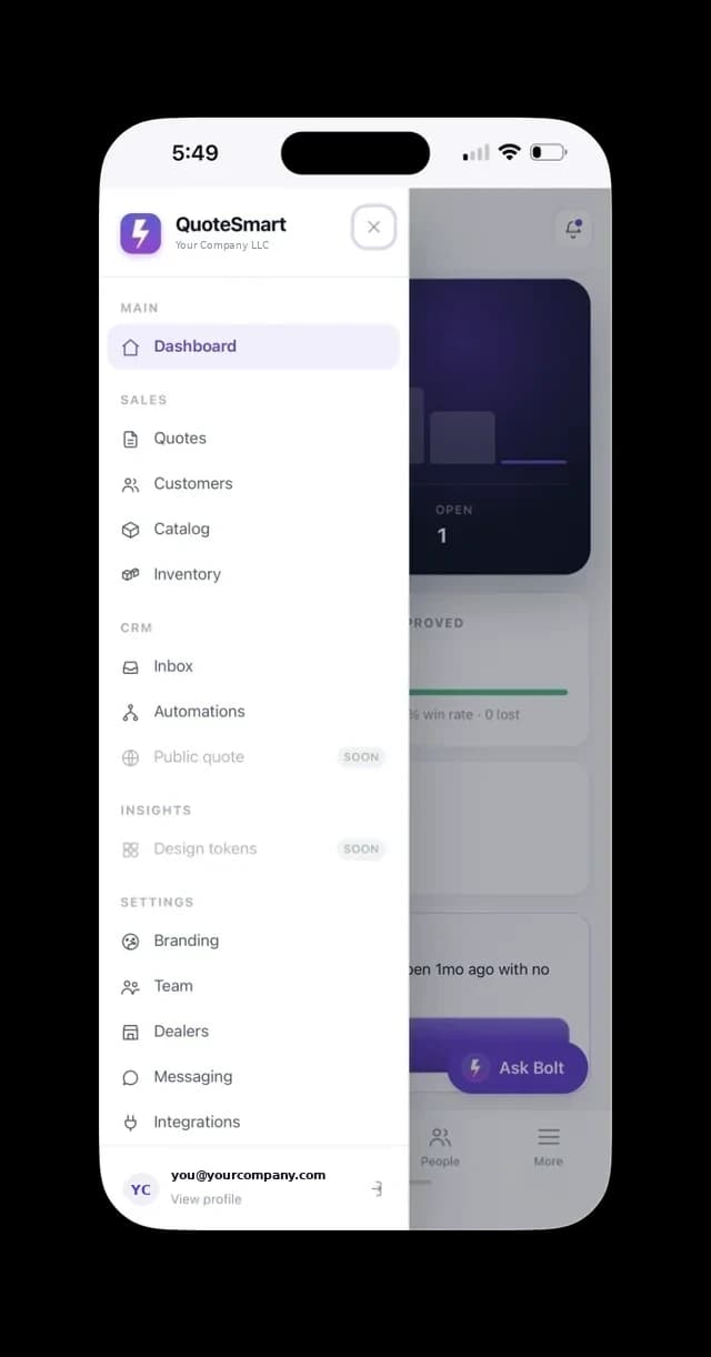 QuoteSmart navigation menu
